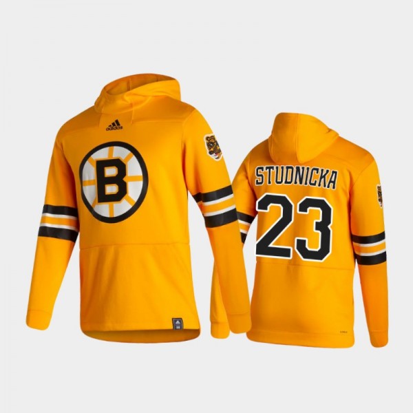Men's Boston Bruins Jack Studnicka #23 Authentic Pullover Special Edition 2021 Reverse Retro Gold Hoodie