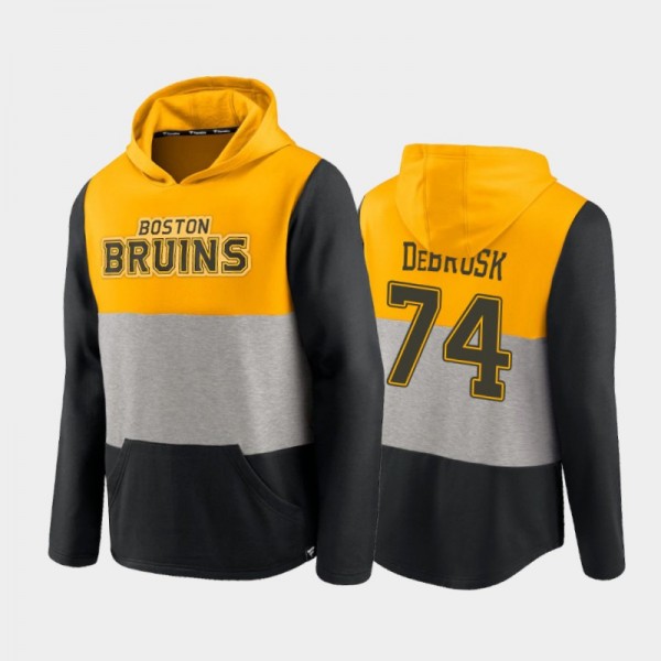 Men's Boston Bruins Jake DeBrusk #74 Prep Colorblock Gold Hoodie