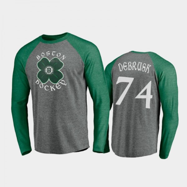 Men's Boston Bruins Jake DeBrusk #74 Celtic Long Sleeve Raglan St. Patrick's Day Gray T-Shirt