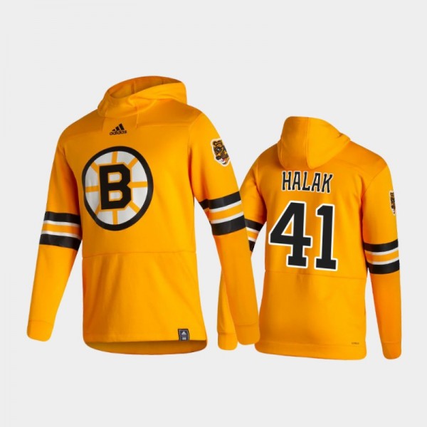 Men's Boston Bruins Jaroslav Halak #41 Authentic Pullover Special Edition 2021 Reverse Retro Gold Hoodie