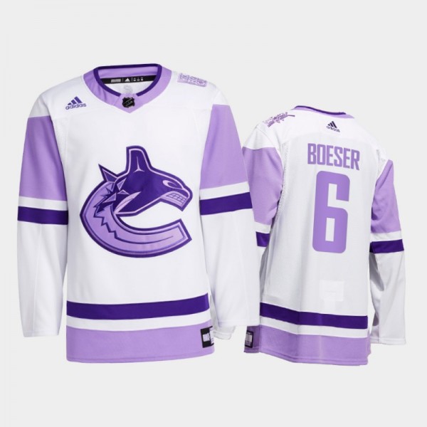 Brock Boeser #6 Vancouver Canucks 2021 HockeyFightsCancer White Special warm-up Jersey