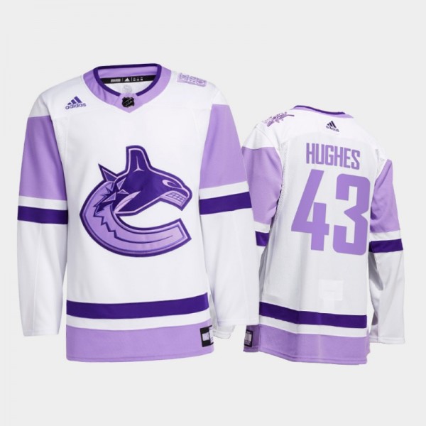 Quinn Hughes #43 Vancouver Canucks 2021 HockeyFightsCancer White Special warm-up Jersey