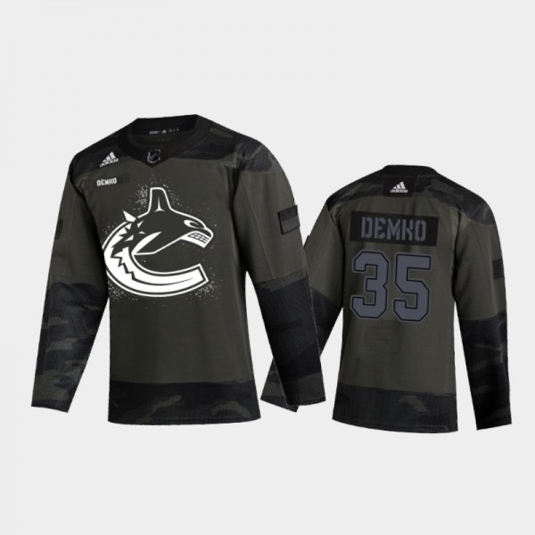 Men's Vancouver Canucks Thatcher Demko #35 2021 Armed Forces Night Camo Warm-Up Jersey