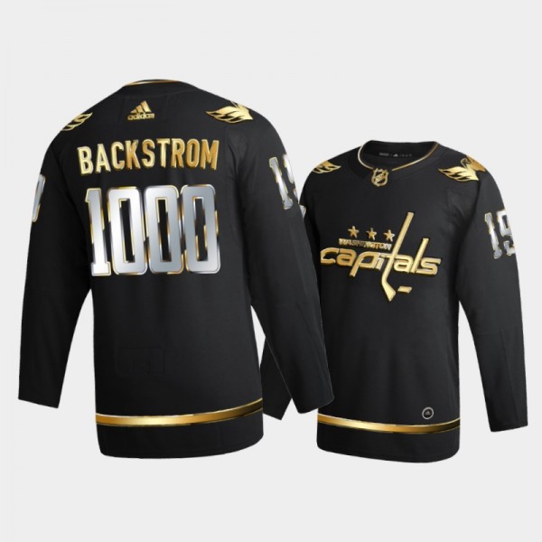 Men Washington Capitals Nicklas Backstrom #19 1000 Career Games Black Golden Limited Jersey