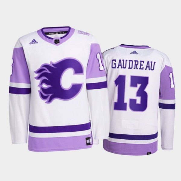 Johnny Gaudreau #13 Calgary Flames 2021 HockeyFightsCancer White Primegreen Jersey