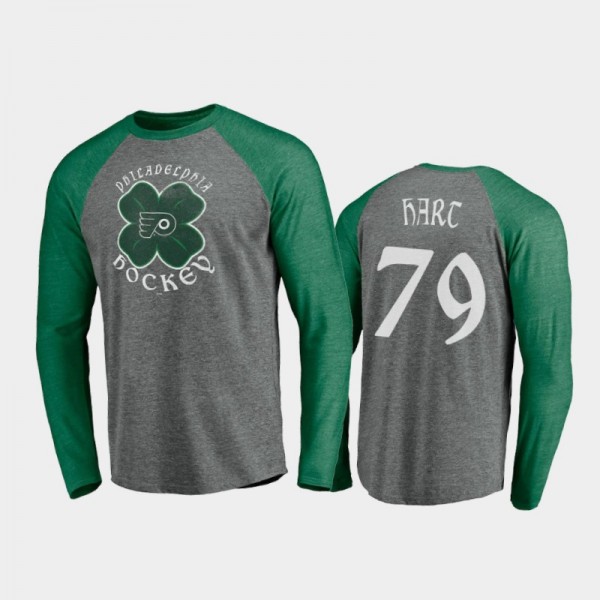 Men's Philadelphia Flyers Carter Hart #79 Celtic Long Sleeve Raglan St. Patrick's Day Gray T-Shirt