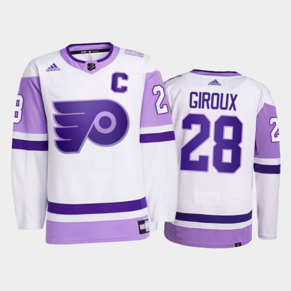 Claude Giroux #28 Philadelphia Flyers 2021 HockeyFightsCancer White Primegreen Jersey