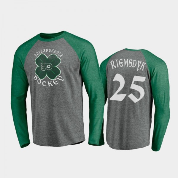 Men's Philadelphia Flyers James van Riemsdyk #25 Celtic Long Sleeve Raglan St. Patrick's Day Gray T-Shirt