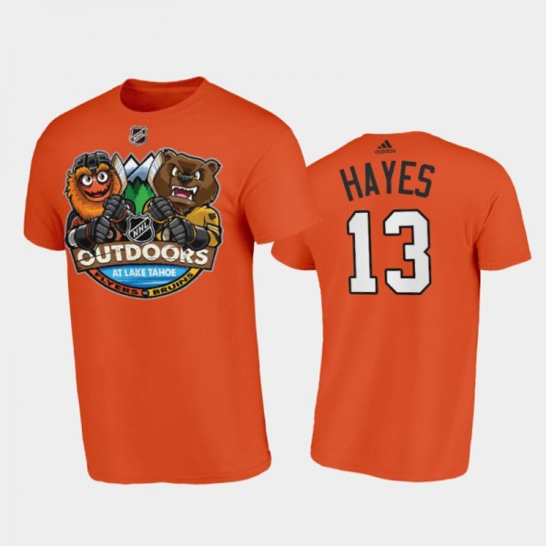 Men's Philadelphia Flyers Kevin Hayes #13 Mascot Cartoon 2021 Tahoe Winter Classic Orange T-Shirt