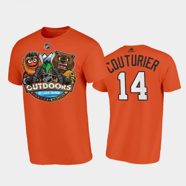 Men's Philadelphia Flyers Sean Couturier #14 Mascot Cartoon 2021 Tahoe Winter Classic Orange T-Shirt
