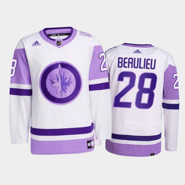 Nathan Beaulieu #28 Winnipeg Jets 2021 HockeyFightsCancer White Primegreen Jersey