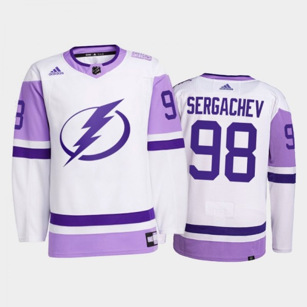 Tampa Bay Lightning 2021 HockeyFightsCancer Mikhail Sergachev White #98 Primegreen Jersey