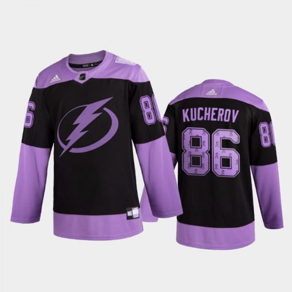 Men Nikita Kucherov #86 Tampa Bay Lightning 2020 Hockey Fights Cancer Black Purple Ribbons Jersey