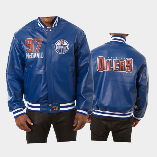Men's Edmonton Oilers Connor McDavid #97 Full-Snap JH Design All-Leather Blue Jacket