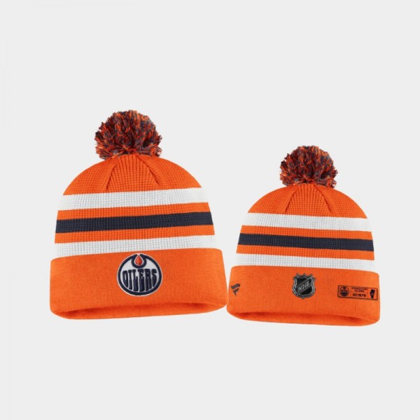 Men's Edmonton Oilers Authentic Pro Cuffed Pom 2020 NHL Draft Orange Navy Knit Hat