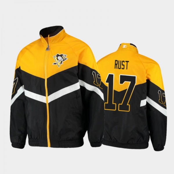 Penguins Bryan Rust #17 The Bench Coach Raglan Full-Zip Jacket Black Gold