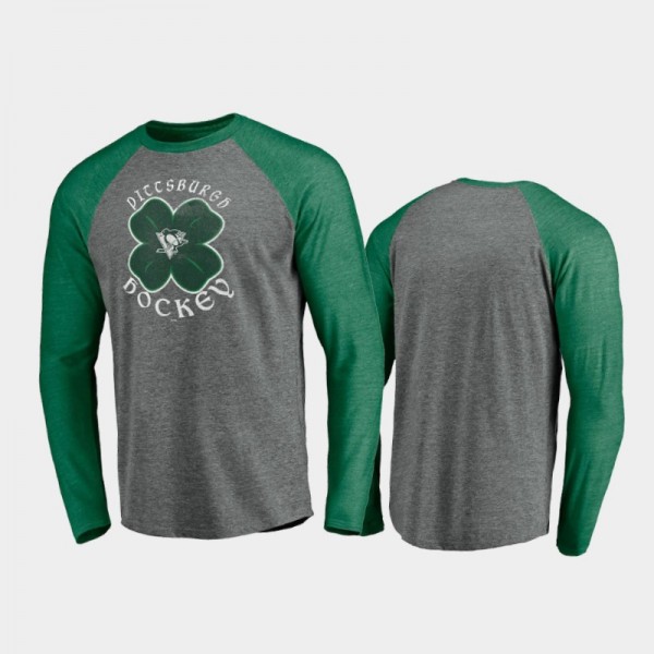 Men's Pittsburgh Penguins St. Patrick's Day Celtic Long Sleeve Raglan Gray T-Shirt