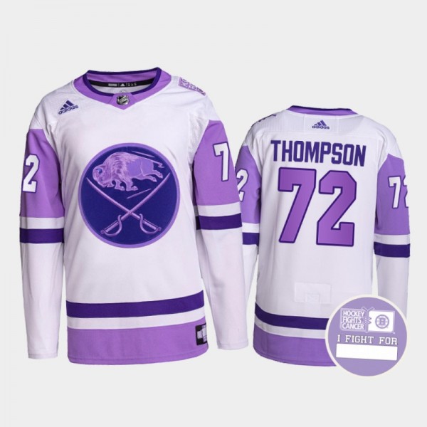 Buffalo Sabres Hockey Fights Cancer Tage Thompson White Purple #72 Primegreen Jersey