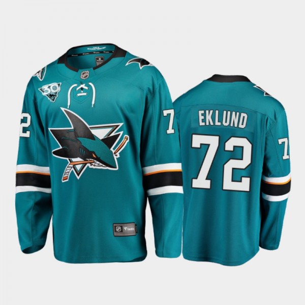 Men San Jose Sharks William Eklund #72 Home Teal 2021 NHL Draft Jersey