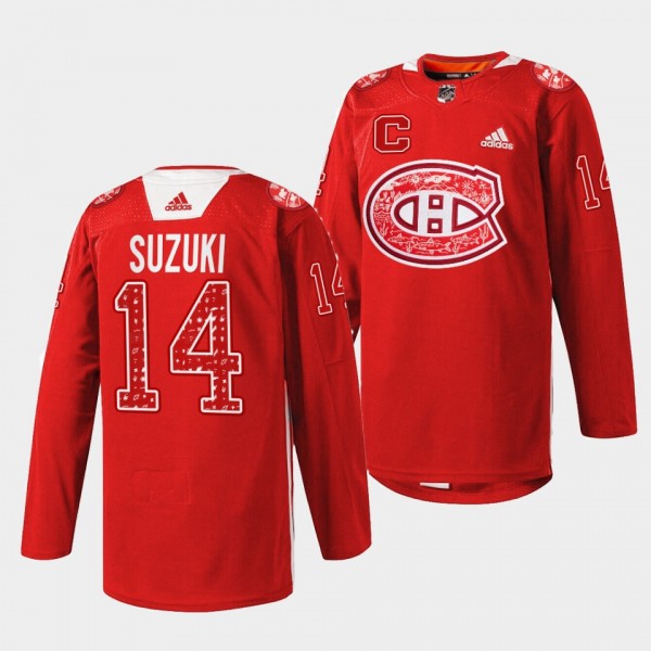 Indigenous Celebration Night Nick Suzuki Montreal Canadiens Red #14 Warmup Jersey 2023