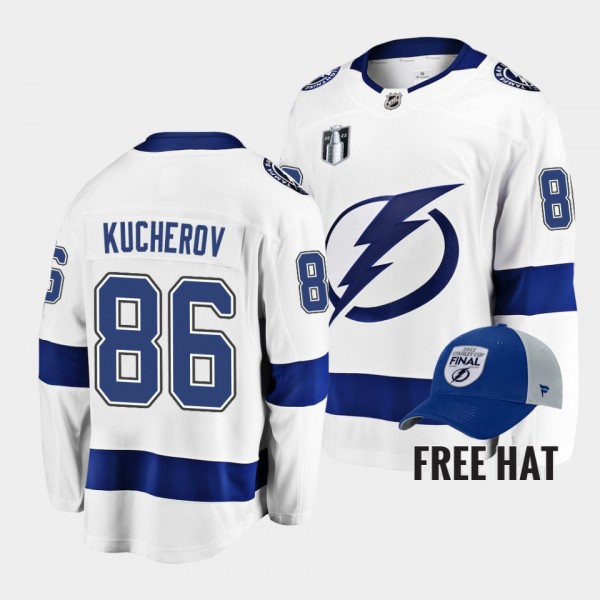 Tampa Bay Lightning Nikita Kucherov 2022 Stanley Cup Final Away White Jersey Free Hat
