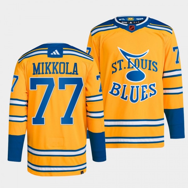 St. Louis Blues 2022 Reverse Retro 2.0 Niko Mikkola #77 Yellow Jersey Authentic Primegreen