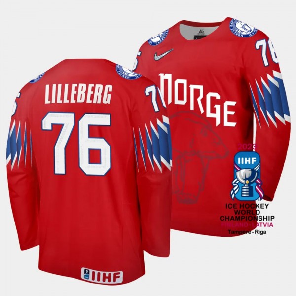 Norway #76 Emil Lilleberg 2023 IIHF World Championship Away Jersey Red