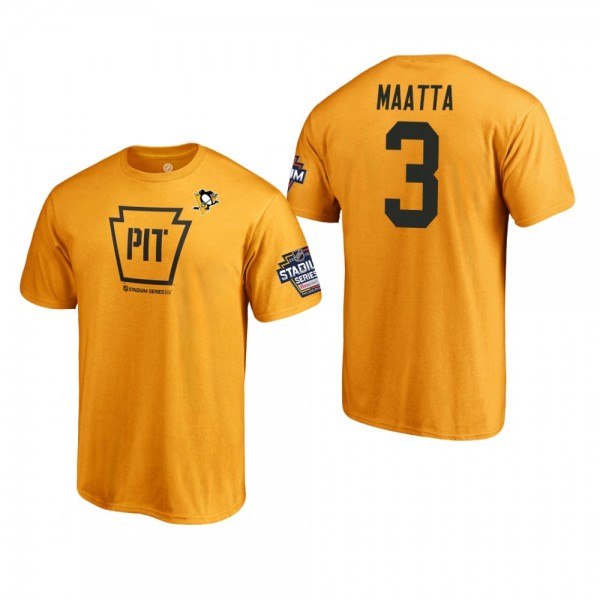Men's Pittsburgh Penguins Olli Maatta #3 2019 NHL Stadium Series Gold Name and Number Cheap T-Shirt