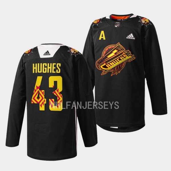 Quinn Hughes #43 Vancouver Canucks 2023 First Nations Celebration Warm-Up Black Jersey