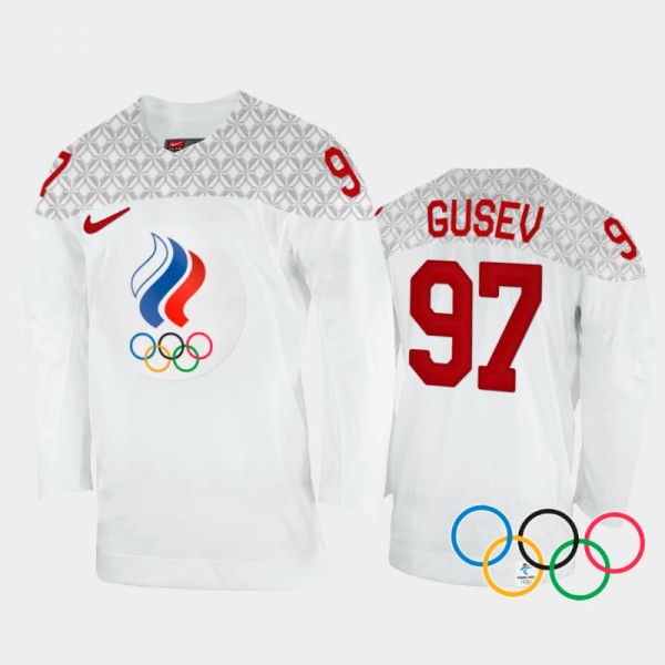 Nikita Gusev Russia Hockey White Away Jersey 2022 Winter Olympics