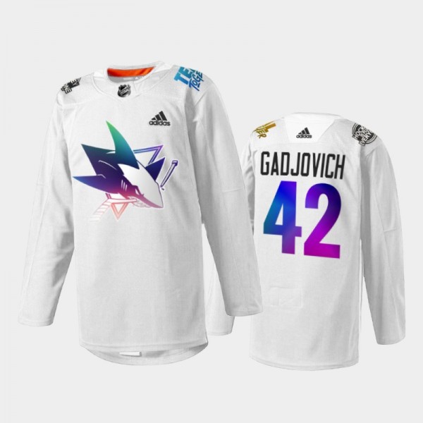 Jonah Gadjovich San Jose Sharks Pride Night 2022 Jersey White #42 HockeyIsForEveryone