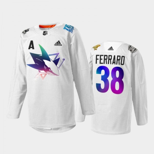 Mario Ferraro San Jose Sharks Pride Night 2022 Jersey White #38 HockeyIsForEveryone