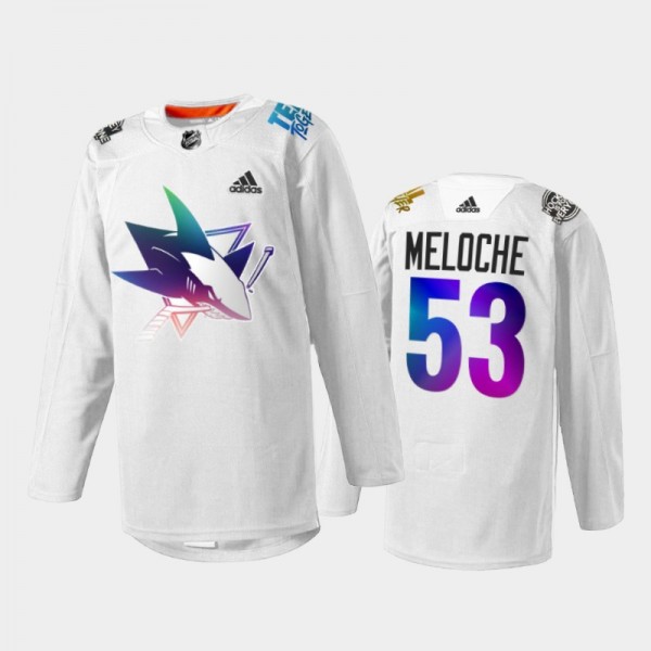 Nicolas Meloche San Jose Sharks Pride Night 2022 Jersey White #53 HockeyIsForEveryone