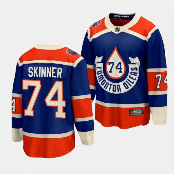 Stuart Skinner Edmonton Oilers 2023 NHL Heritage Classic Royal #74 Premier Jersey Men's
