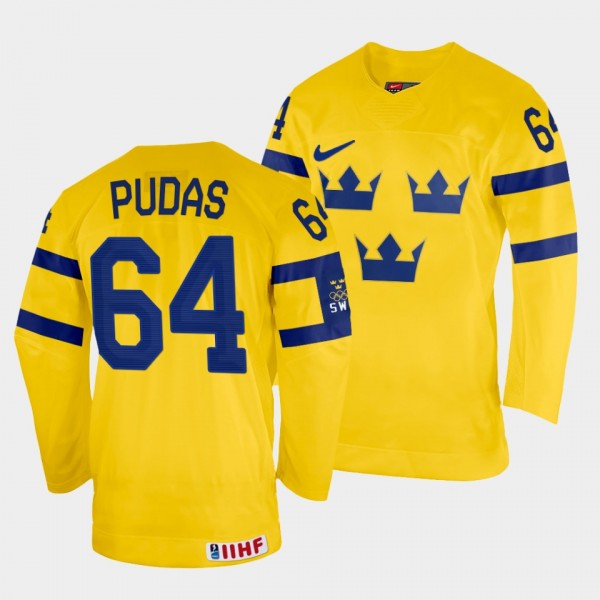 Jonathan Pudas 2022 IIHF World Championship Sweden Hockey #64 Yellow Jersey Home