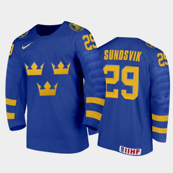 Men Sweden Team 2021 IIHF World Junior Championship Albin Sundsvik #29 Away Blue Jersey