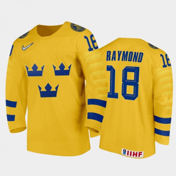 Men Sweden Team 2021 IIHF World Junior Championship Lucas Raymond #18 Home Gold Jersey