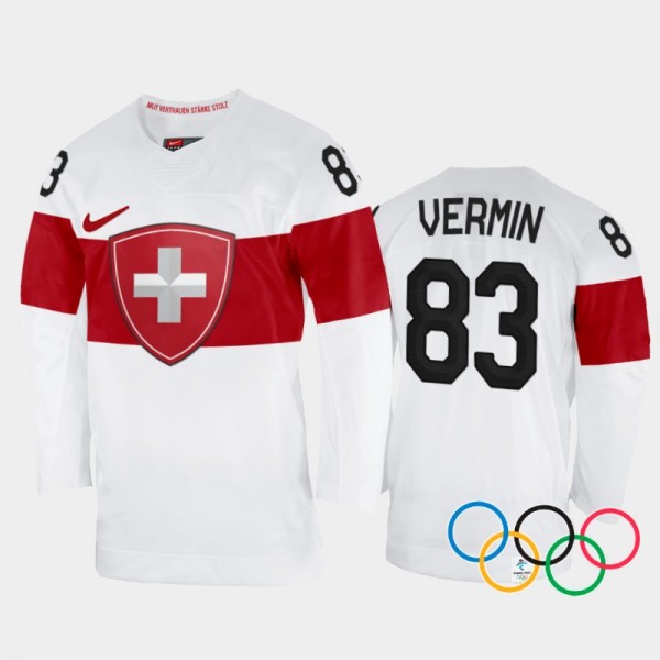 Joel Vermin Switzerland Hockey White Away Jersey 2022 Winter Olympics
