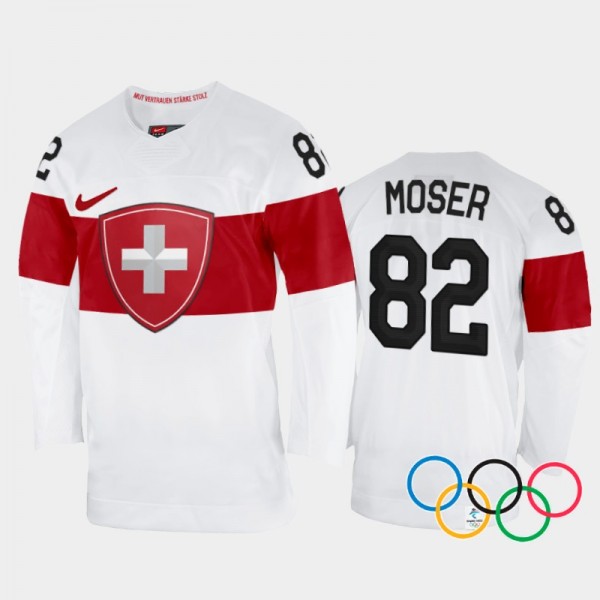 Simon Moser Switzerland Hockey White Away Jersey 2022 Winter Olympics