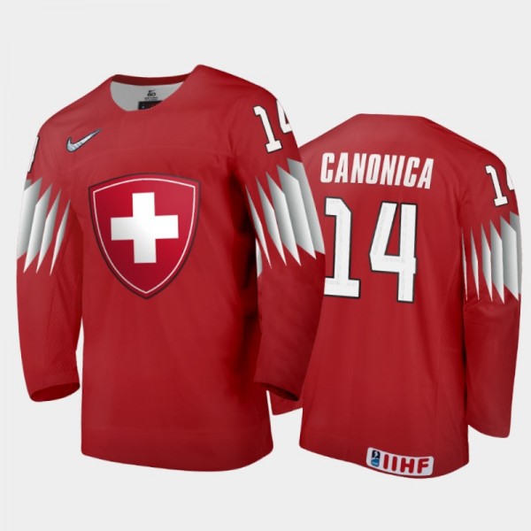 Men Switzerland 2021 IIHF World Junior Championship Lorenzo Canonica #14 Away Red Jersey