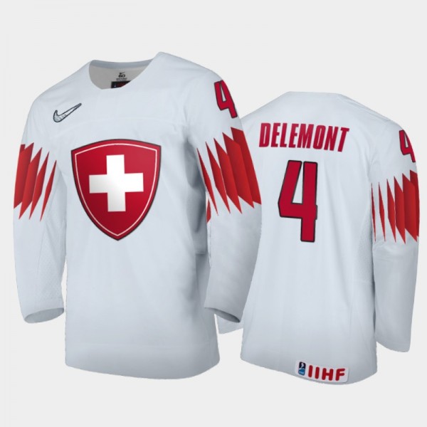 Men Switzerland 2021 IIHF World Junior Championship Noah Delemont #4 Home White Jersey