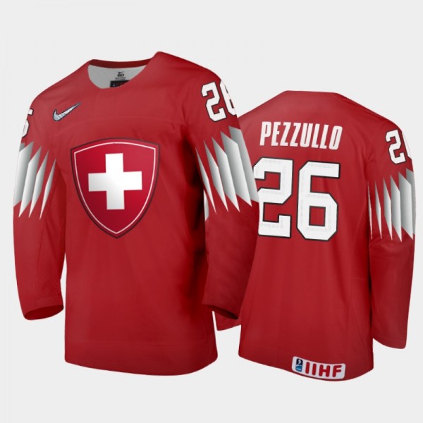 Men Switzerland 2021 IIHF World Junior Championship Rocco Pezzullo #26 Away Red Jersey