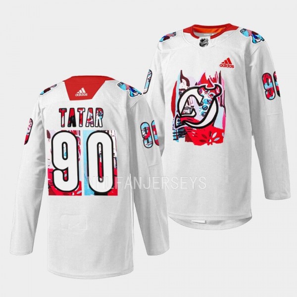 New Jersey Devils 2023 Gender Equality Night Tomas Tatar #90 White Jersey Warm-Up