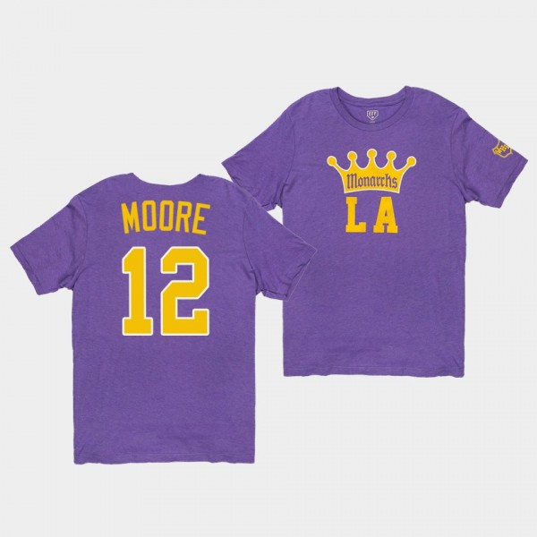 Trevor Moore #12 Los Angeles Kings Monarchs 1947 Hockey Purple T-Shirt
