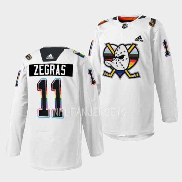 Anaheim Ducks Pride Night 2023 Trevor Zegras #11 White Jersey warm up