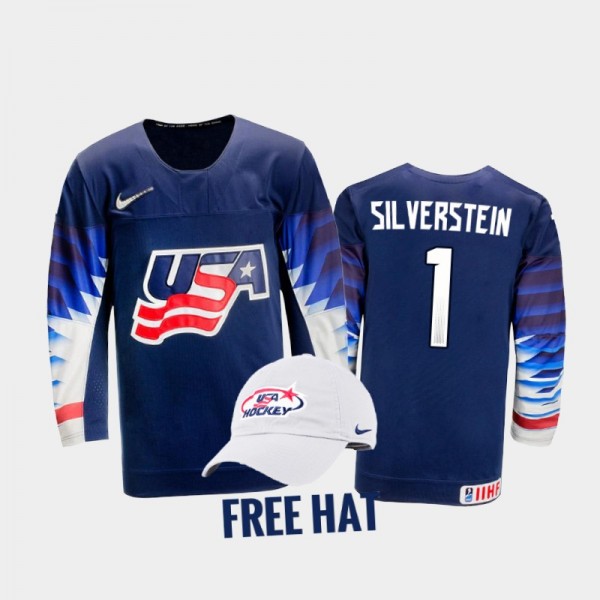 USA Hockey Dylan Silverstein 2022 IIHF World Junior Championship Blue #1 Jersey Free Hat