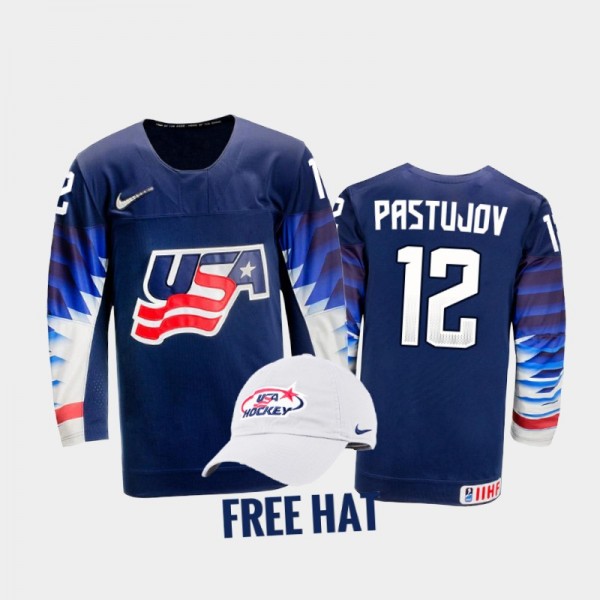 USA Hockey Sasha Pastujov 2022 IIHF World Junior Championship Blue #12 Jersey Free Hat