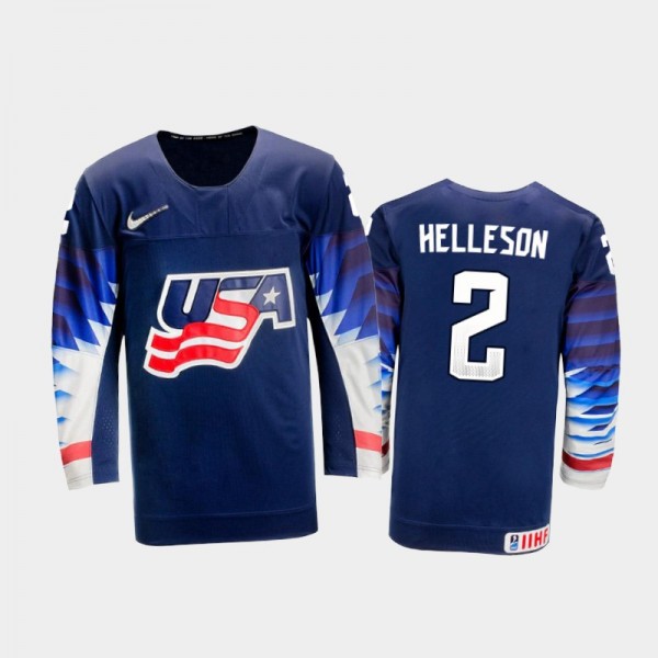 Men USA Team 2021 IIHF World Junior Championship Drew Helleson #2 Away Navy Jersey