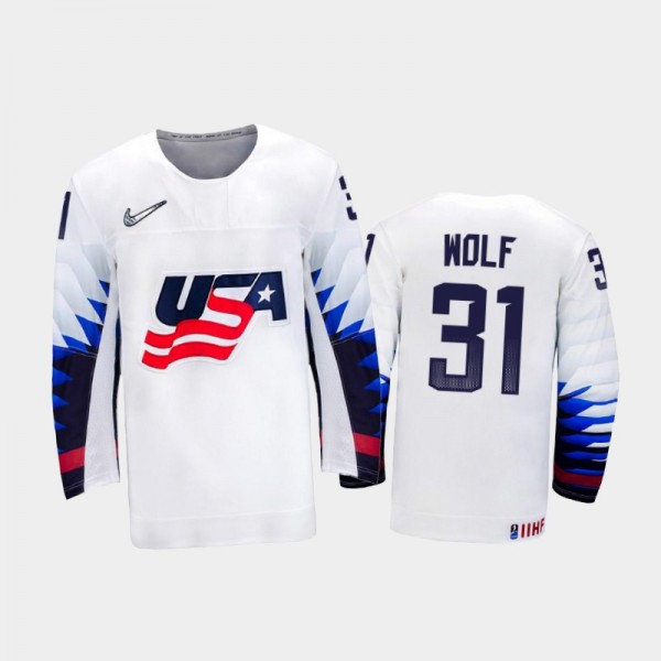 Men USA Team 2021 IIHF World Junior Championship Dustin Wolf #31 Home White Jersey