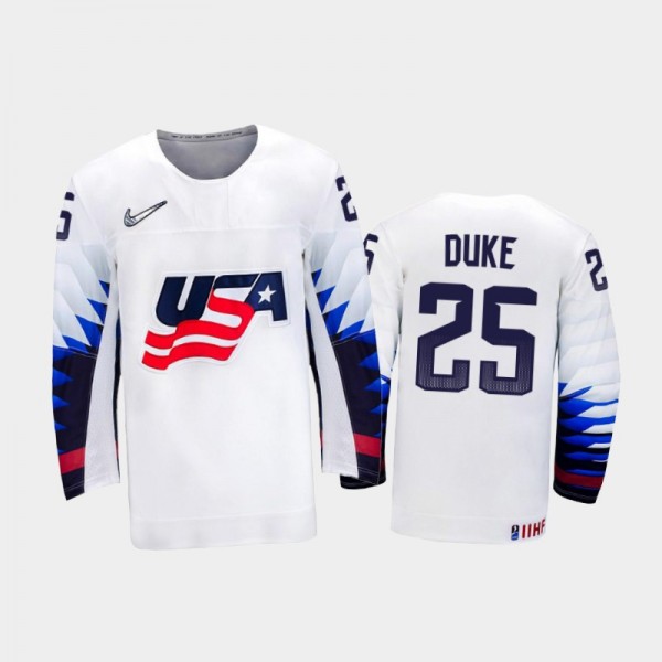 Men's USA Team 2021 IIHF U18 World Championship Dylan Duke #25 Home White Jersey